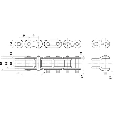 Technical drawing of a Sparex Cranked Link, Simplex, 140-1 (Sparex Part No. S.156348) with detailed front and side views, showcasing various dimensions labeled as B1, B2, d1, d2, d3, d4, H2, and p.