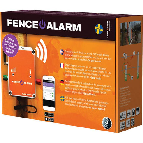 Image of the Sparex Fence Alarm - Luda - S.156395 product box, highlighting its automatic alert system to smartphones through the FenceAlarm app. The text indicates it prevents animal escapes and includes a SIM card, one-month GSM coverage, and an electric fence monitor.