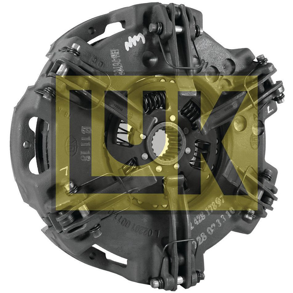 A black Sparex Clutch Cover Assembly - S.156475 featuring visible metal springs and release levers. The overlaid yellow "LUK" logo is centered on the plate, showcasing precision engineering for optimal performance.