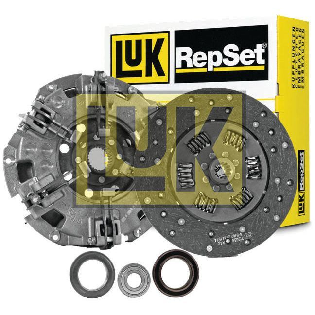 Image of a Sparex Clutch Kit with Bearings - S.156500, featuring a pressure plate, clutch disc, release bearing, and installation components, displayed next to the product packaging. The dual cover ensures durability while the precise cover size guarantees optimal performance.