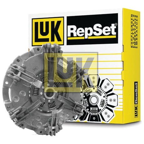 Image of a Sparex Clutch Kit without Bearings - S.156508, featuring the clutch plate in front of its branded yellow and black box packaging. The cover type and size are detailed on the box for easy reference.