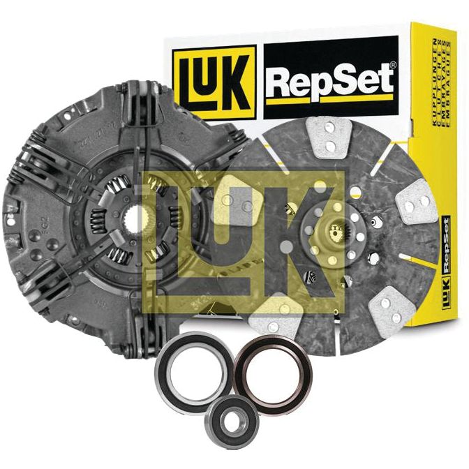 Image of a Sparex Clutch Kit with Bearings - S.156511 showcasing the clutch disc, pressure plate, and release bearings, with the packaging box in the background. Technical specifications and cover size details included.