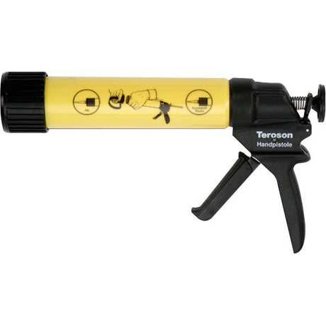 A yellow and black hand-operated caulking gun labeled "Teroson Staku Hand Gun - S.156527" by Sparex, with instructional symbols on the barrel, designed for use with aluminum and plastic cartridges.