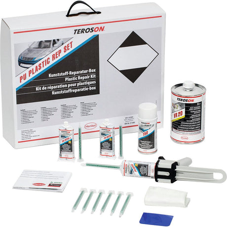 The Sparex Plastic Repair Set - Teroson PU - S.156530 for paintable plastic parts includes adhesive, an applicator, primer, activator, a cleaning cloth, and mixing nozzles. This comprehensive PU repair set is displayed alongside its packaging for easy identification among other TEROSON products.