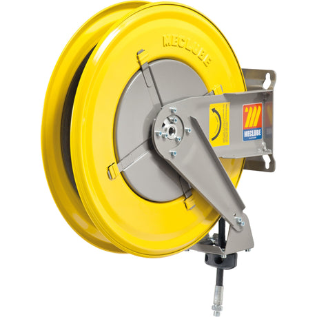 The Sparex Retractable Hose Reel Air / Water, 1/2'' x 15M - S.156541, features a yellow industrial reel equipped with a steel mounting bracket and handle. It efficiently dispenses and retracts a synthetic black rubber hose, showcasing robust construction and Viton seals for superior performance.