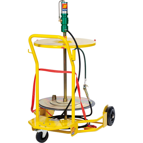 The Sparex Mobile Grease Set - 180-220kgs (S.156547) features a yellow grease dispensing cart equipped with a drum cover, hose, and green handle pump. Designed for 180-220kg drums, it includes an air-operated grease pump, two rear wheels, two front swivel casters, and a grease control gun for precise application.