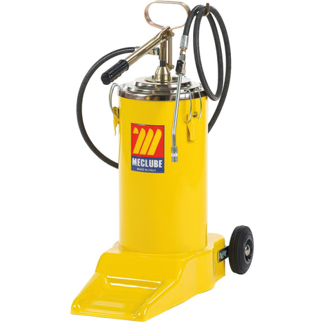 The Sparex Wheeled Manual Grease Pump - 16kgs (S.156553) in yellow features an attached hose length of 2 meters and a handle, capable of generating pressure up to 400 bar, and is mounted on wheels for easy portability.