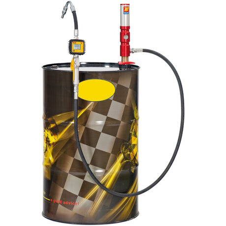 A large cylindrical oil drum equipped with a Sparex Oil Set (model S.156556) for barrels of 180-220kgs, featuring a Meclube air-operated oil pump and hose, adorned with a checkered pattern and automotive-themed graphics.