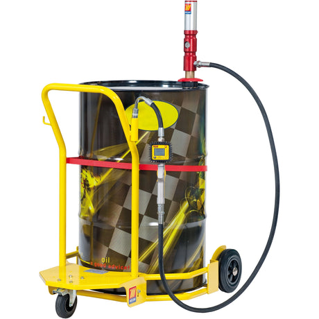 The Sparex Wheeled Oil Set (S.156557), designed for barrels weighing between 180–220kgs, features a large black and yellow drum mounted on a yellow wheeled cart with a red handle, complete with an air-operated oil pump and hose for enhanced delivery capacity.