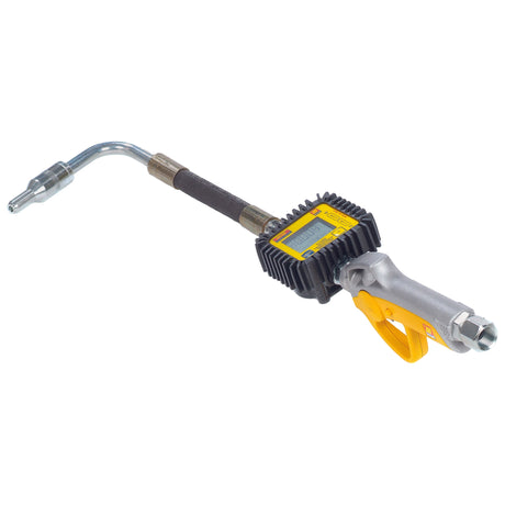 The Digital Dispensing Nozzle - S.156559 by Sparex features a curved metal spout, a yellow trigger, a rubber protection handle, and a digital display for measurements.