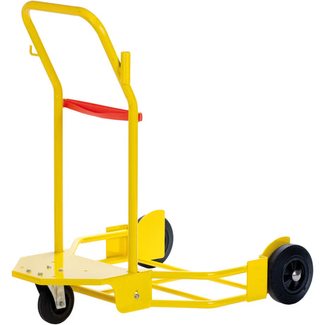 The Sparex Trolley for 180-220kg Barrels - S.156561 is a yellow hand truck equipped with a folding handle and two fixed wheels, specifically designed for transporting heavy or bulky items.