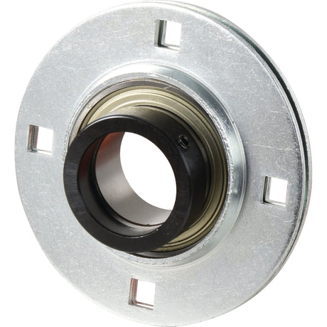 A close-up of a Sparex NTN SNR Four-Bolt Flanged Unit (ESPF208) | Sparex Part No.S.156573, 40mm bearing featuring a circular opening at the center and four rectangular cutouts around the outer edge.