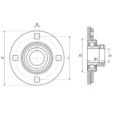 Technical drawing of a mechanical component featuring front and side views, complete with labeled dimensions H, J, J2, N, B1, and d. This detailed blueprint includes specifications for the NTN SNR Four-Bolt Flanged Unit (ESPF208), also known as Sparex Part No. S.156573 from the Sparex brand, with a 40mm bearing to ensure precise fits and optimal performance.