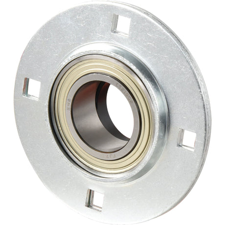 Close-up of a Sparex NTN SNR Four-Bolt Flanged Unit (ESPF208) | Sparex Part No.S.156573 with a sealed 40mm ball bearing inside. The round flange has four rectangular mounting slots. The bearing is made of shiny metal with a central circular opening.