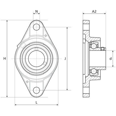 A technical drawing of the Sparex NTN SNR Two-Bolt Flanged Unit (UCFL205-16), showcasing front and side views, dimensions, and labeled parts including outer mounting holes and inner bearing components.