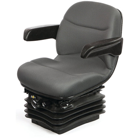 The Compact Mechanical Suspension Seat - S.156644 by Sparex features a gray ergonomic seat with armrests, double depth comfort cushions, and a contoured cushion, all supported by a black layered base.