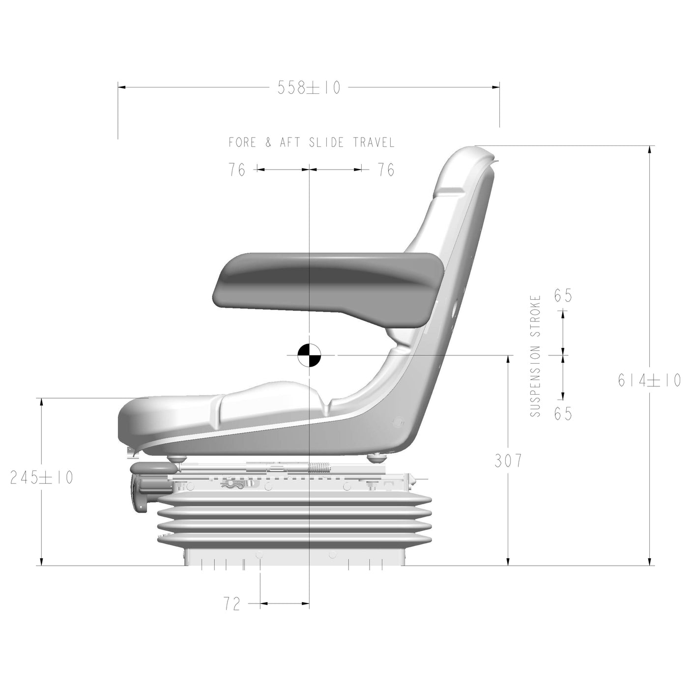 Side view diagram of the Sparex Compact Mechanical Suspension Seat (S.156644) with measurements in millimeters indicating dimensions for height, width, depth, slide travel, and suspension stroke; featuring a Multifix mounting design.