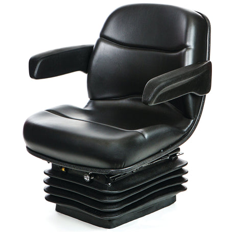 The Compact Air Suspension Seat - 12V (PVC) - S.156645 by Sparex features a black padded seat with armrests atop a ribbed base, incorporating Double depth Fabriform® comfort cushions for enhanced comfort and support. Its multifix mounting design ensures stability and ease of installation.