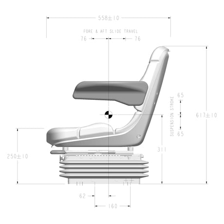 Side view technical diagram of the Compact Air Suspension Seat - 12V (PVC) - S.156645 by Sparex, with dimensions labeled: 558±10, 76, 250±10, 311, 65, 617±10, and 60. Chair features include armrest, seat cushion with Double Depth Fabriform® comfort cushions, and suspension mechanism with vibration performance to ISO 7096.