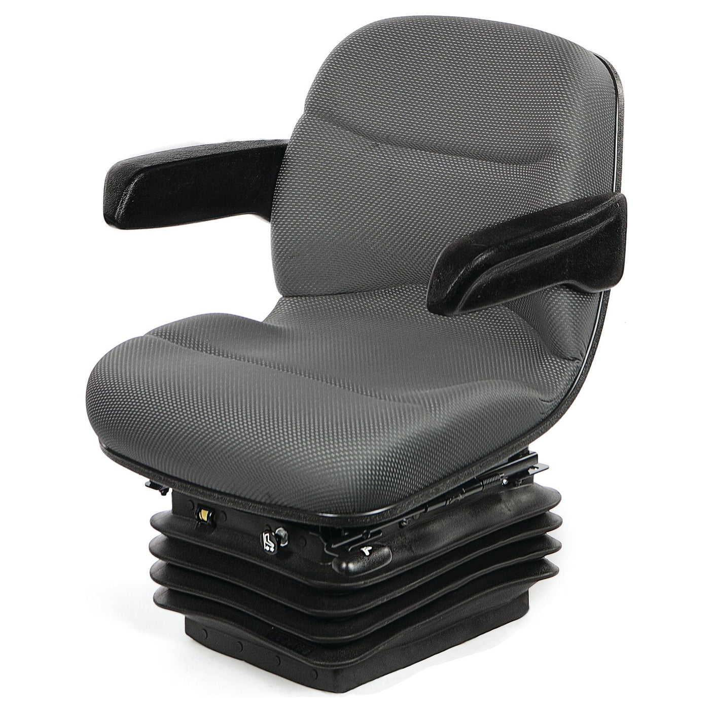 The Compact Air Suspension Seat - 12V (Fabric) - S.156646 by Sparex is a gray, cushioned chair designed for ergonomic seating, featuring fold-up armrests and a base with an advanced suspension system. The double-depth Fabriform® comfort cushions guarantee superior comfort.