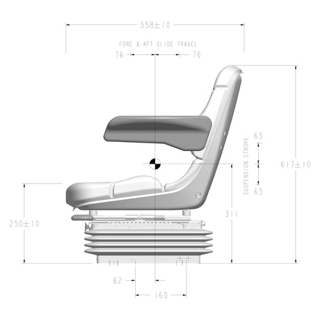 Side view technical drawing of the Compact Air Suspension Seat - 12V (Fabric) - S.156646 by Sparex, with fold-up armrests, showing detailed measurements including height, width, and slide travel dimensions. The seat features double depth Fabriform® comfort cushions for an enhanced seating experience.