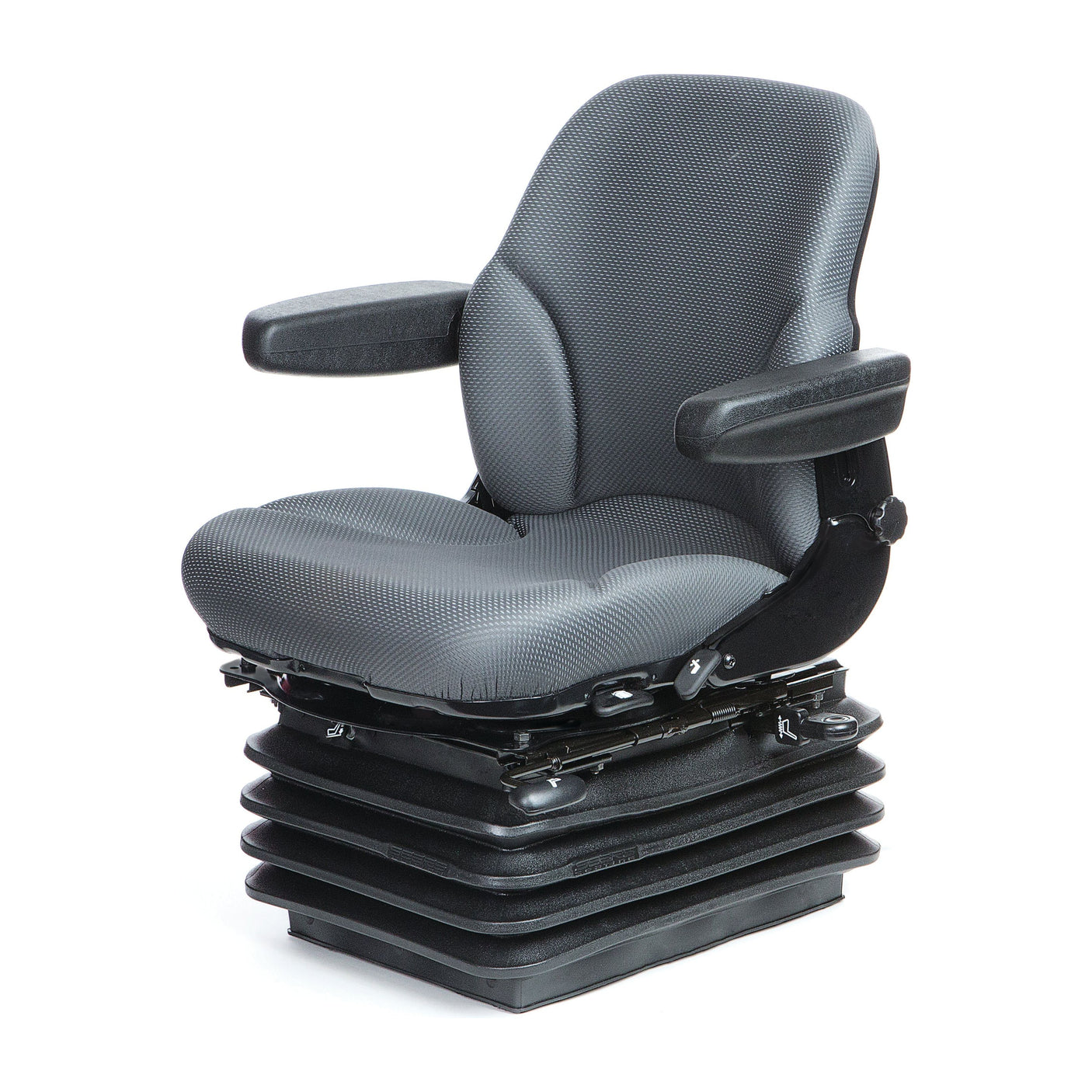 A grey ergonomic Air Suspension Seat - 12V (Fabric) - S.156648 by Sparex, featuring double depth Fabriform® cushions and armrests, mounted on a black suspension base.