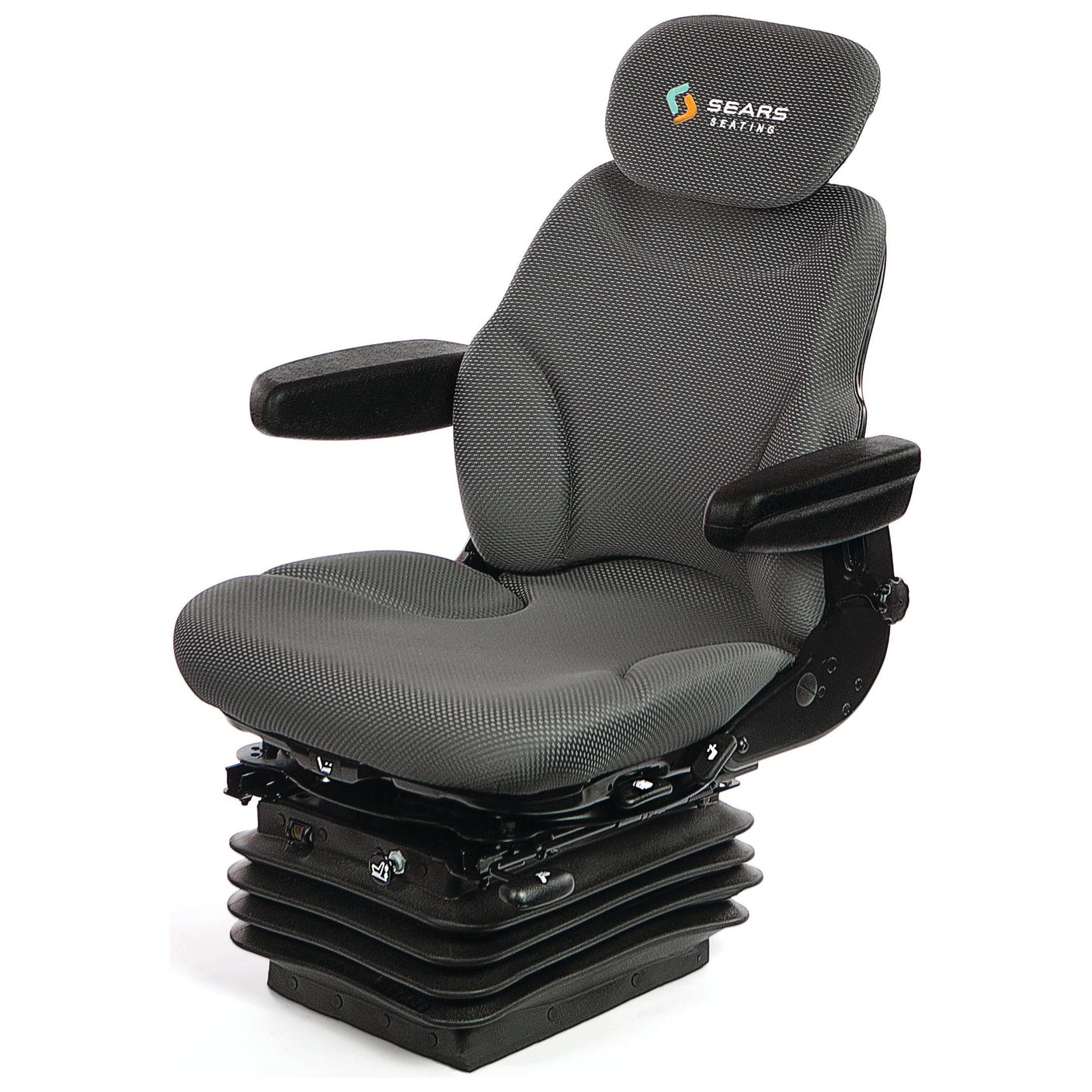 The Air Suspension Seat - 12V (Fabric) - S.156649 by Sparex is a gray ergonomic seat featuring adjustable armrests and a headrest, branded with the Sears Seating logo. Equipped with a mechanical base for precise height adjustments and enhanced comfort, it also boasts double depth Fabriform® comfort cushions.