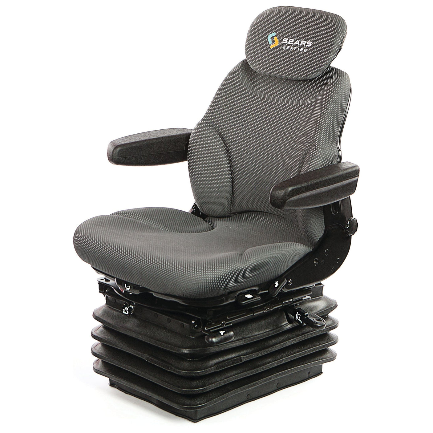 A gray, cushioned Air Suspension Seat with Double Depth Fabriform comfort cushions, armrests, and a headrest featuring the "Sparex" logo, mounted on a black base with springs. Product: S.156651 (12V).