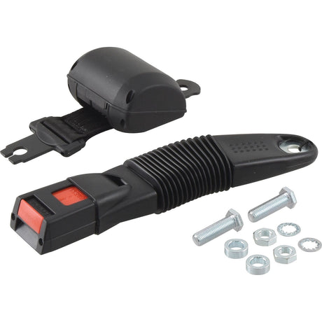 The Seat Belt Kit - S.156683 by Sparex consists of a buckle, a flexible extender, and mounting hardware including bolts, nuts, washers, and a Free Wire Buckle Housing.