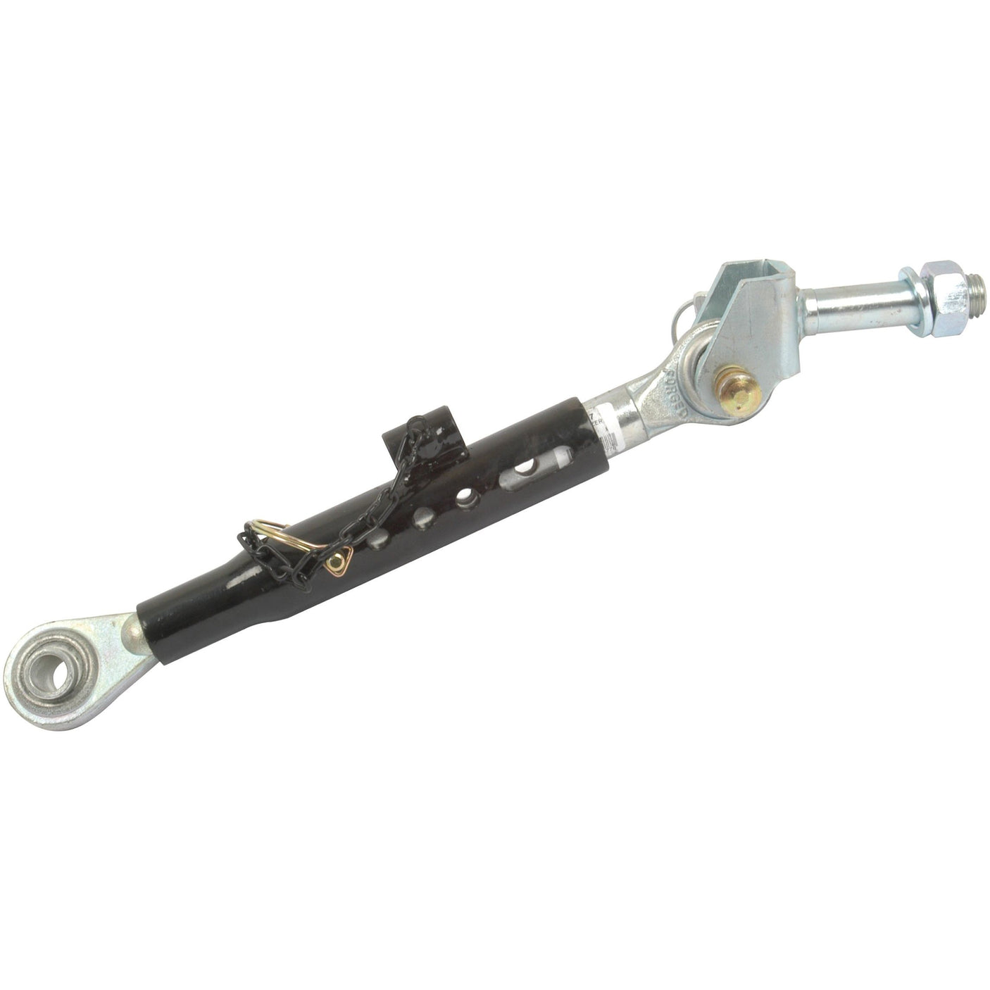 A Sparex Telescopic Bar Hole Stabiliser - S.15748, featuring eye bolts on both ends, a black tubular middle section with adjustment holes, and a locking pin clip, similar to those used in the Fiat 680 for adjustments.