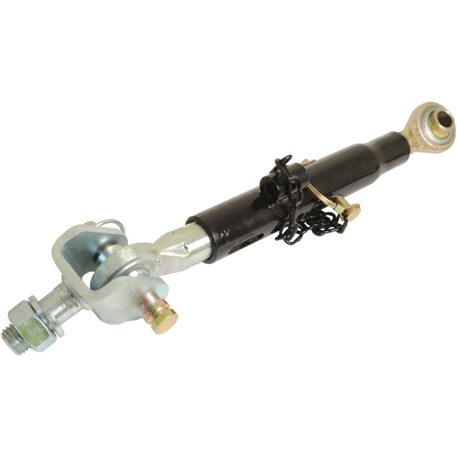 Telescopic Bar Hole Stabiliser - S.15749 by Sparex, featuring a robust metallic body with connectors, hydraulic fittings, and a compatible thread type. Ideal for tractors such as the Fiat 880.