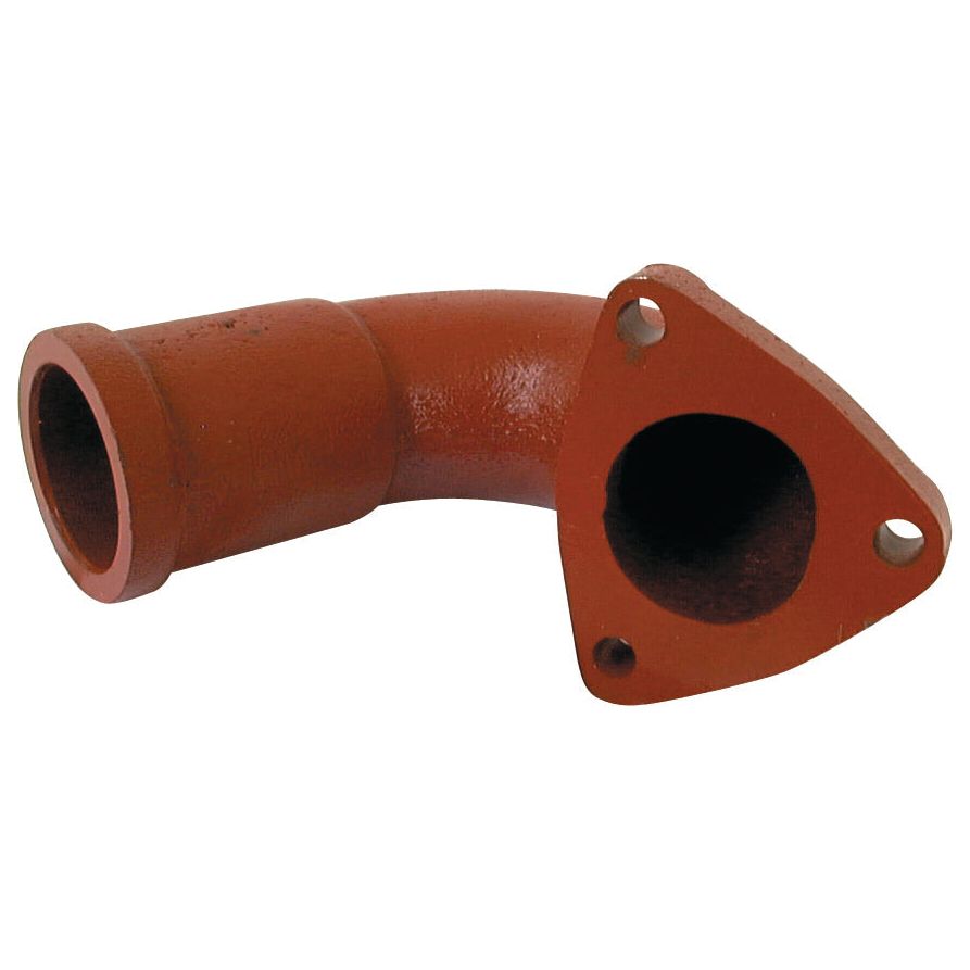 The Exhaust Elbow (Sparex Part No. S.15802) from the Sparex brand is a red metal pipe elbow that may be used for a Ford New Holland exhaust system and features a flange with three bolt holes on one end and a straight opening on the other end.