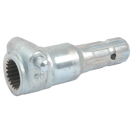 The PTO Adaptor - Female spline 1 3/8'' - 21 x Male spline 1 3/8'' - 6 with Quick Release Pin (S.15865) from Sparex is a durable metallic gear coupling component featuring multiple grooves and a threaded end, designed for mechanical power transmission.