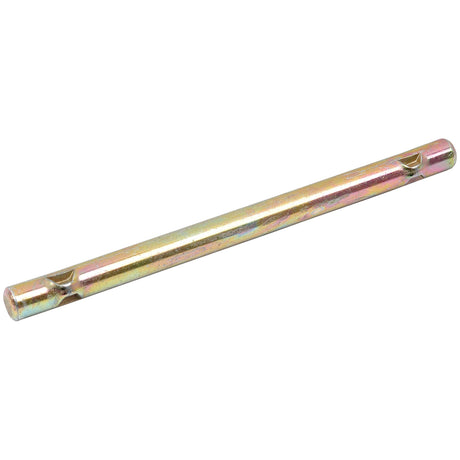 The Sparex Top Link Tommy Bar, with a length of 140mm (5 17/32'') and a diameter of Ø9.5mm (3/8''), is a yellow zinc-plated steel pin featuring machined holes and a slightly textured surface. Designed for mechanical or structural applications, this cylindrical and uniformly shaped pin is identified by its part number S.15876.