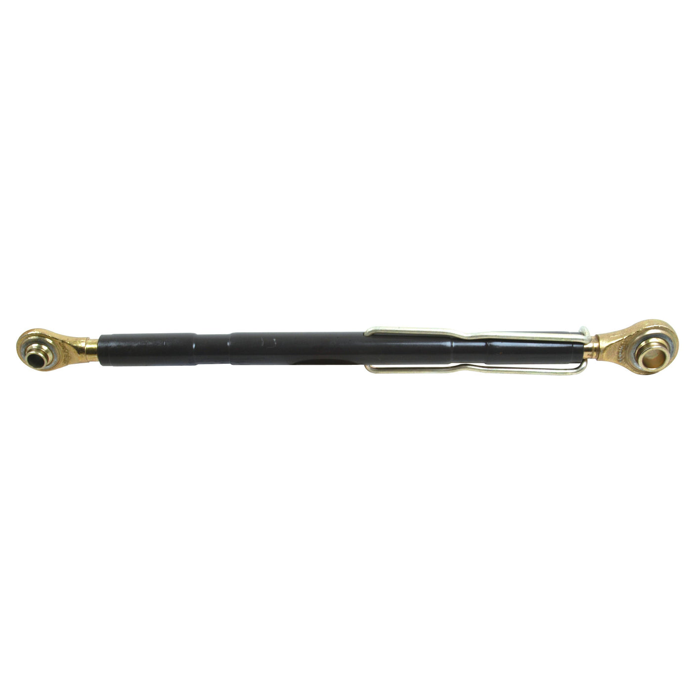 A metal adjustable linkage rod named Top Link (Cat.1/2) Ball and Ball, 1 1/16'', Min. Length: 670mm - S.15889 from Sparex, featuring gold-colored spherical joints at both the tractor end and implement end.