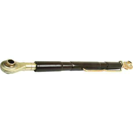 A black hydraulic top link with one round end and one forked end, used for adjusting the angle of implements on agricultural machinery like Massey Ferguson tractors, is provided by Sparex. It is labeled as Top Link (Cat.1/2) Ball and Ball, 1 1/8'' with a minimum length of 610mm (Product Code: S.15890).