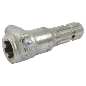 A close-up view of the Sparex PTO Adaptor - Female spline 1 3/8'' - 6 x Male spline 1 3/8'' - 6 with Quick Release Pin (S.15901), showcasing its heavy-duty metal design and grooved shaft.