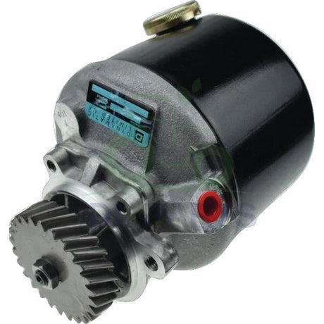 The Power Steering Hydraulic Pump | Sparex Part No.S.159321 by Sparex is a mechanical device with a metal gear system, cylindrical body, and metallic finish. It features a red port and labeled identification tag by DYNAMATIC TECHNOLOGIES, making it ideal for integration into Ford / New Holland machinery.