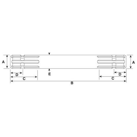 Technical drawing of a segmented cylindrical object with dimensions labeled: A for height, B for total length, C and D for segmented sections at both ends, and E for the central section. This Sparex PTO Splined Shaft - Both Ends - 1 3/8'' - 6 Spline x 1 3/8'' - 6 Spline (length: 300mm) features a precisely machined spline configuration.