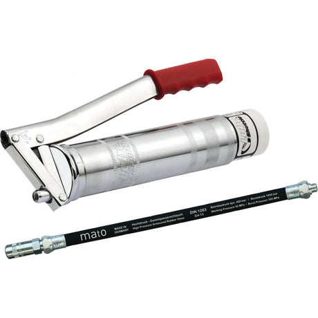 The Grease Gun Lube Shuttle - S.159607 by Sparex is a silver grease gun that comes with a striking red handle and a detachable, flexible hose attachment. It features a ribbed grip for ease of use and is labeled with branding and specifications. This grease gun is designed to be compatible with a grease cartridge for efficient operation.