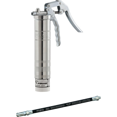 The Sparex Grease Gun Lube Shuttle - Pistol - M10 - Mato (S.159608) features a silver, handheld design with a pump handle and a black flexible hose attachment, capable of handling 4350 psi. It is showcased on a white background.