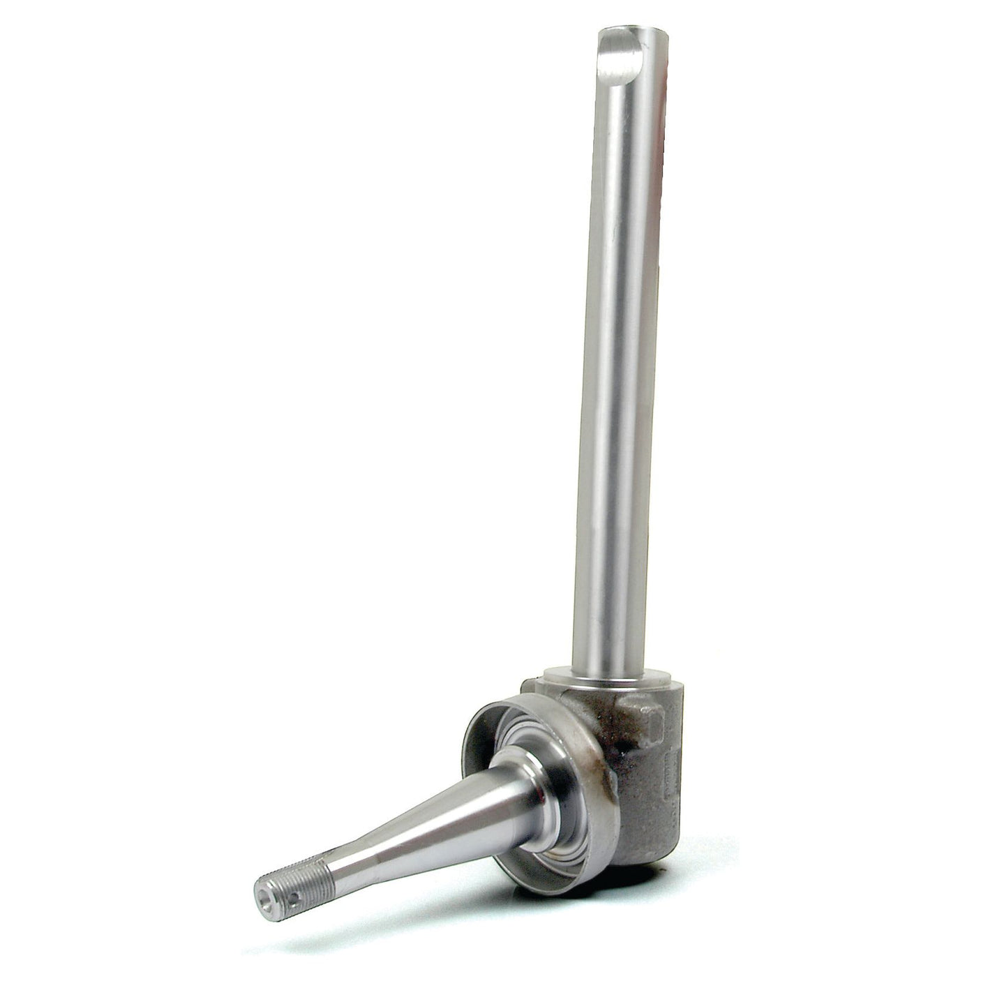 A metallic component with a cylindrical shaft and threaded end, potentially for machinery or vehicle assembly, resembles the Sparex Spindle LH (Sparex Part No. S.15986) found in Massey Ferguson wheel hub threads.