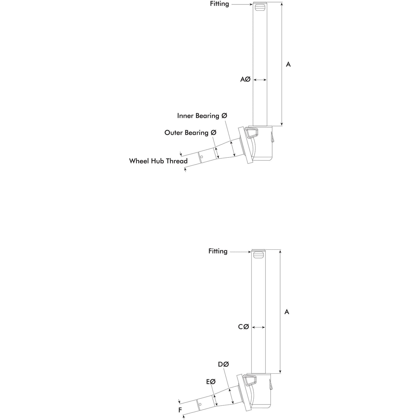 Technical diagram showing two views of a mechanical fitting with annotated measurements for inner and outer bearings, Sparex Spindle LH wheel hub thread (Sparex Part No. S.15986), and distances labeled A, B, D, and E.