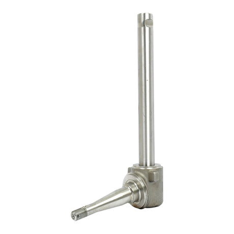 The Sparex Spindle RH (Sparex Part No. S.15989) is a stainless steel cylindrical mechanical part featuring a threaded end and a boxy base, likely intended for use in industrial machinery, specifically as a wheel hub thread for Massey Ferguson equipment.