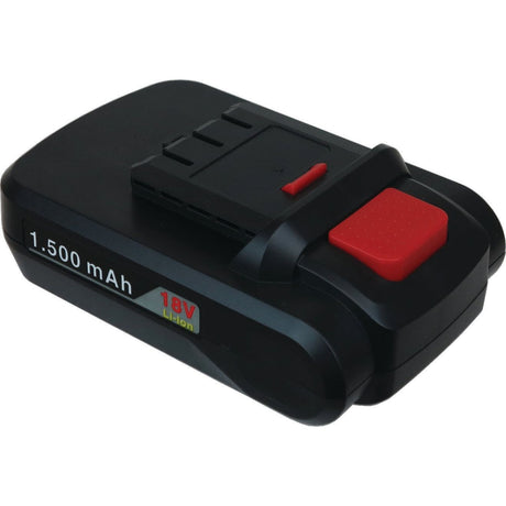 A black 18V lithium-ion Spare Battery for Lube Shuttle by Sparex, featuring a 1,500 mAh capacity and a red release button, compatible with Mato devices.