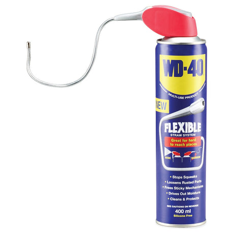 Introducing the WD-40 Multi-Use Product with Flexible Straw by Sparex (S.159973), a 400 ml can designed to reach difficult areas effortlessly. This product features a flexible metal straw system, along with a red and white nozzle that highlights its various uses, such as stopping squeaks and loosening rusted parts.