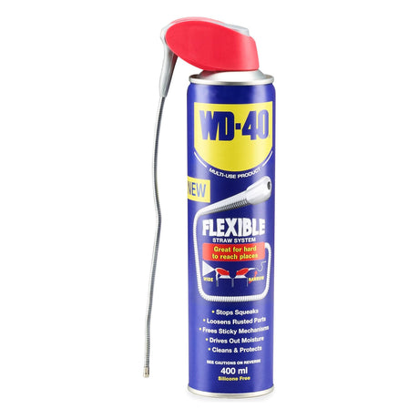 The WD-40 Multi-Use Product with Flexible Straw - 400 ml x 6 - S.159973 by Sparex includes a versatile metal straw system for accessing tight spaces and features text stating it stops squeaks, loosens rusted parts, frees sticky mechanisms, drives out moisture, and cleans.