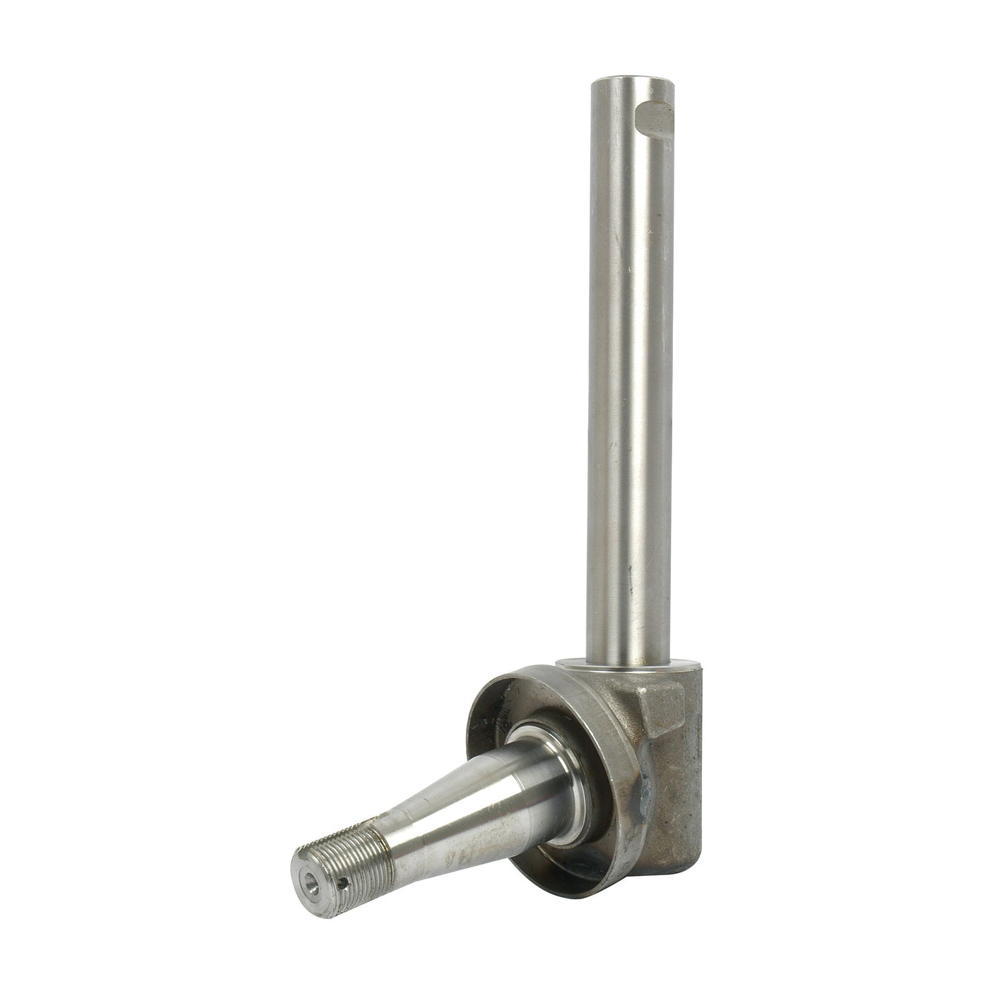 A heavy-duty metal spindle assembly consisting of a cylindrical rod, a threaded end, and a mounting bracket, compatible with Massey Ferguson models: Spindle RH | Sparex Part No.S.15997 from Sparex.