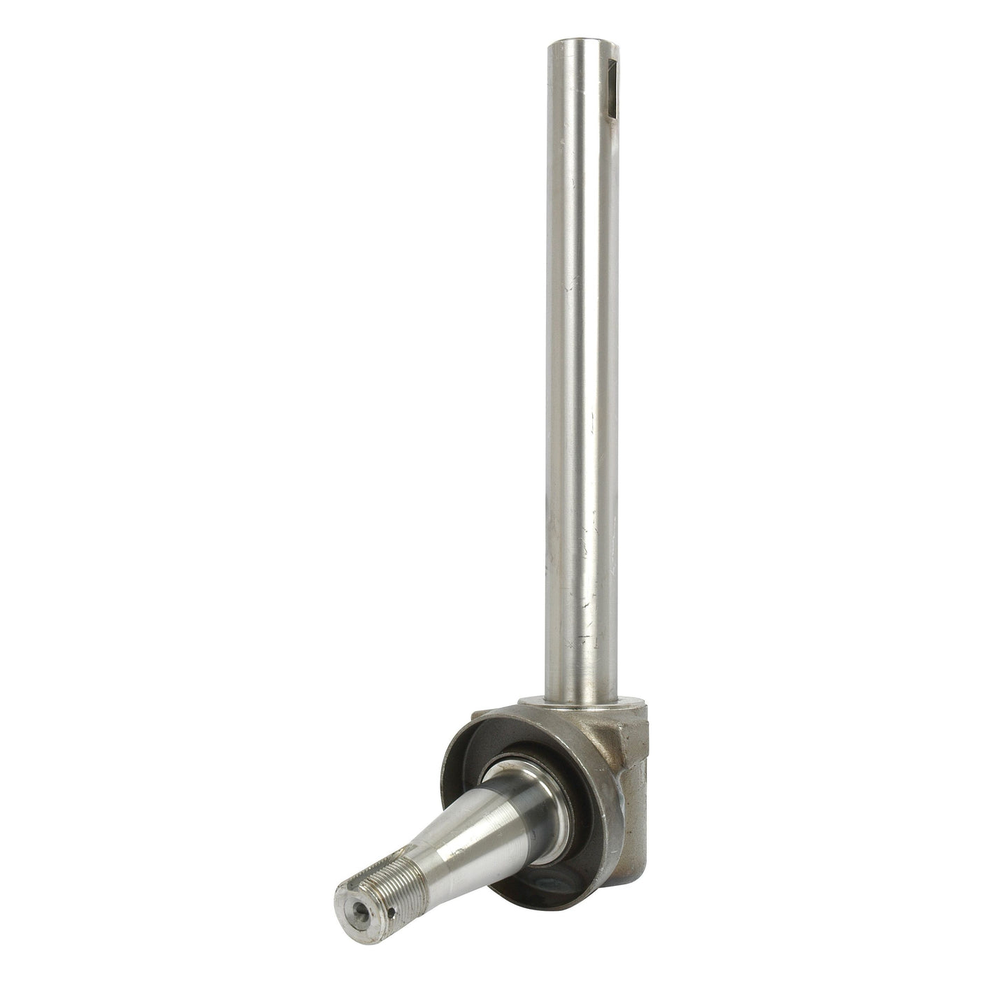 The Spindle LH by Sparex (Sparex Part No. S.15998) is a robust, long metal cylindrical automotive part featuring a threaded end and an attached bearing housing, making it ideal for Massey Ferguson.