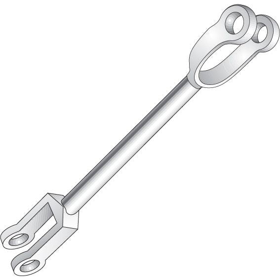 The Sparex Levelling Box Yoke - 3/4 UNC (Sparex Part No.S.16020) is a 3D-rendered mechanical linkage featuring a rod that connects two forked ends, each equipped with holes for attaching to other components. This yoke is ideal for Massey Ferguson machines and offers the advantage of customizable thread length to accommodate various applications.